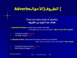 Adverbs الظروف  [ الأحوال ]   There are many kinds of adverbs: هناك عدة أنواع من الظروف : 1 .  Adverbs of manner:  express how an action was done. الظروف الدالة على السلوك   : الظروف التي تعبر عن كيفية وقوع الحدث .  I closed the window  carefully . The soldier fought  bravely . 2.  Adverbs of time :  express the time when an action is or was done. ظروف الزمان   : الظروف التي تعبر عن كيفية زمن حدوث الفعل . I’m going to leave for Cairo  tomorrow . What’s going to happen  next ? عودة إلى القائمة الرئيسية عودة إلى القائمة الرئيسية التالي السابق 