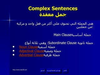 Complex Sentences جمل معقدة هي الجملة التي تحتوي على أكثر من فعل واحد و مركبة من جملتين : Main Clause جملة أساسية  وهي ثلاثة أنواع :  Subordinate Clause  جملة ثانوية Noun Clause جملة أسمية  Adjectival Clause جملة وصفية  Adverbial Clause جملة ظرفية  عودة إلى القائمة الرئيسية عودة إلى القائمة الرئيسية التالي السابق 