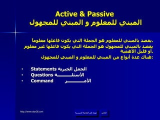 Active & Passive   المبني للمعلوم و المبني للمجهول يقصد بالمبني للمعلوم هو الجملة التي يكون فاعلها معلوماً . يقصد بالمبني للمجهول هو الجملة التي يكون فاعلها غير معلوم أو قليل الأهمية . هناك عدة أنواع من المبني للمعلوم و المبني للمجهول : Statements  الجمل الخبرية  Questions  الأسئلـــــــــــة  Command   الأمـــــــــــــر   عودة إلى القائمة الرئيسية التالي عودة إلى القائمة الرئيسية 