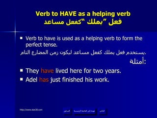 Verb to HAVE as a helping verb   فعل ”يملك “  كفعل مساعد Verb to have is used as a helping verb to form the perfect tense. يستخدم فعل يملك كفعل مساعد ليكون زمن المضارع التام . أمثلة : They  have  lived here for two years. Adel  has  just finished his work. عودة إلى القائمة الرئيسية عودة إلى القائمة الرئيسية التالي السابق 