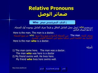 Relative Pronouns    ضمائر الوصل تستخدم  لتحل محل الفاعل العاقل و طبعاً نعرف الفاعل بوجوده أول الجملة .  لاحظ المثال التالي :  Here is the man. The man is a doctor. نحذف كلمة  من الجملة الثانية و نضع بدلاً منها  ثم نضع الجملة الثانية بعد الكلمة التي حذفنا مثلها في الجملة الأولى فتصبح : Here is the man  who  is a doctor. أمثلة : 1) The man came here.  The man was a doctor. The man  who  was here is a doctor 2) My friend swims well. He lives here. My friend  who  lives here swims well. who Who   الذي، التي  [ للفاعل العاقل ]   The man who عودة إلى القائمة الرئيسية عودة إلى القائمة الرئيسية التالي السابق 