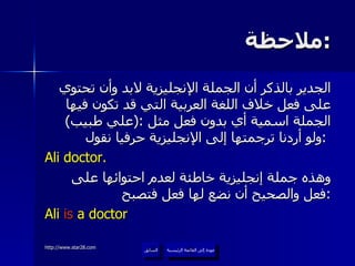 ملاحظة  : الجدير بالذكر أن الجملة الإنجليزية لابد وأن تحتوي على فعل خلاف اللغة العربية التي قد تكون فيها الجملة اسمية أي بدون فعل مثل  :( علي طبيب )  ولو أردنا ترجمتها إلى الإنجليزية حرفيا نقول  :   Ali doctor. وهذه جملة إنجليزية خاطئة لعدم احتوائها على فعل والصحيح أن نضع لها فعل فتصبح  : Ali  is  a doctor عودة إلى القائمة الرئيسية عودة إلى القائمة الرئيسية السابق 