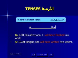 TENSES  الأزمنة  أمثلــــــــــــــــــــــة By  2.00 this afternoon, I  will have finished  my work.  At  10.00 tonight, she  will have written  five letters.  9. Future Perfect Tense  المستقبل التام عودة إلى القائمة الرئيسية عودة إلى القائمة الرئيسية التالي السابق 