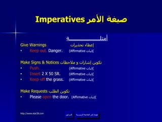 Imperatives  صيغة الأمر   عودة إلى القائمة الرئيسية السابق أمثلــــــــــــــــــــــة Give Warnings   إعطاء تحذيرات  Keep out.  Danger.  (Affirmative  إثبات ) Make Signs & Notices  تكوين إشارات و ملاحظات  Push.   (Affirmative  إثبات ) Insert  2 X 50 SR.  (Affirmative  إثبات ) Keep off  the grass.  (Affirmative  إثبات ) Make Requests  تكوين الطلب  Please  open  the door.  (Affirmative  إثبات ) عودة إلى القائمة الرئيسية 