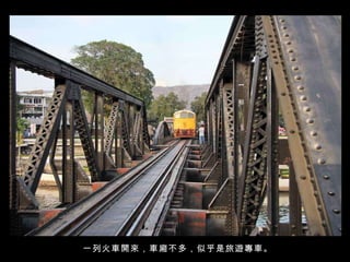 一列火車開來，車廂不多，似乎是旅遊專車。 