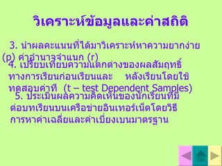 วิเคราะห์ข้อมูลและค่าสถิติ 3.  นำผลคะแนนที่ได้มาวิเคราะห์หาความยากง่าย  ( p )  ค่าอำนาจจำแนก  ( r )  4 .  เปรียบเทียบความแตกต่างของผลสัมฤทธิ์ทางการเรียนก่อนเรียนและ  หลังเรียนโดยใช้ทดสอบค่าที  ( t – test Dependent Samples ) 5.  ประเมินผลความคิดเห็นของนักเรียนที่มีต่อบทเรียนบนเครือข่ายอินเทอร์เน็ตโดยวิธีการหาค่าเฉลี่ยและค่าเบี่ยงเบนมาตรฐาน 