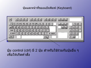 ปุ่มและหน้าที่ของแป้นพิมพ์  ( Keyboard) ปุ่ม  control (ctrl)  มี  2  ปุ่ม สำหรับใช้ร่วมกับปุ่มอื่น ๆ เพื่อให้เกิดคำสั่ง 