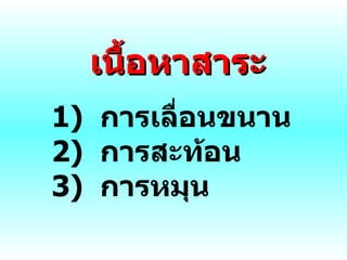 1 )  การเลื่อนขนาน 2)  การสะท้อน 3)  การหมุน เนื้อหาสาระ 