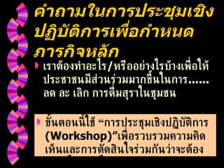 คำถามในการประชุมเชิงปฏิบัติการเพื่อกำหนดภารกิจหลัก เราต้องทำอะไร / หรืออย่างไรบ้างเพื่อให้ประชาชนมีส่วนร่วมมากขึ้นในการ ......  ลด ละ เลิก การดื่มสุราในชุมชน ขั้นตอนนี้ใช้ “การประชุมเชิงปฏิบัติการ   (Workshop)” เพื่อรวบรวมความคิดเห็นและการตัดสินใจร่วมกันว่าจะต้องทำอะไรอย่างไรบ้าง 