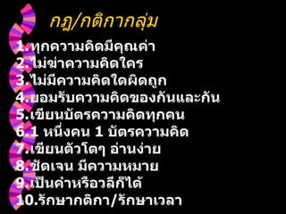 กฎ / กติกากลุ่ม ทุกความคิดมีคุณค่า ไม่ฆ่าความคิดใคร ไม่มีความคิดใดผิดถูก ยอมรับความคิดของกันและกัน เขียนบัตรความคิดทุกคน 1  หนึ่งคน  1  บัตรความคิด เขียนตัวโตๆ อ่านง่าย ชัดเจน มีความหมาย เป็นคำหรือวลีก็ได้ รักษากติกา / รักษาเวลา 