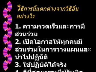 วิ ธีการนี้แตกต่างจากวิธีอื่นอย่างไร 1.  ความรวดเร็วและการมีส่วนร่วม 2.  เปิดโอกาสให้ทุกคนมีส่วนร่วมในการวางแผนและนำไปปฏิบัติ 3.  ใช้ปฏิบัติได้จริง 4.  ดีที่สุดเพราะมีผู้รับผิดชอบด้านต่างๆ โดยความสมัครใจ 
