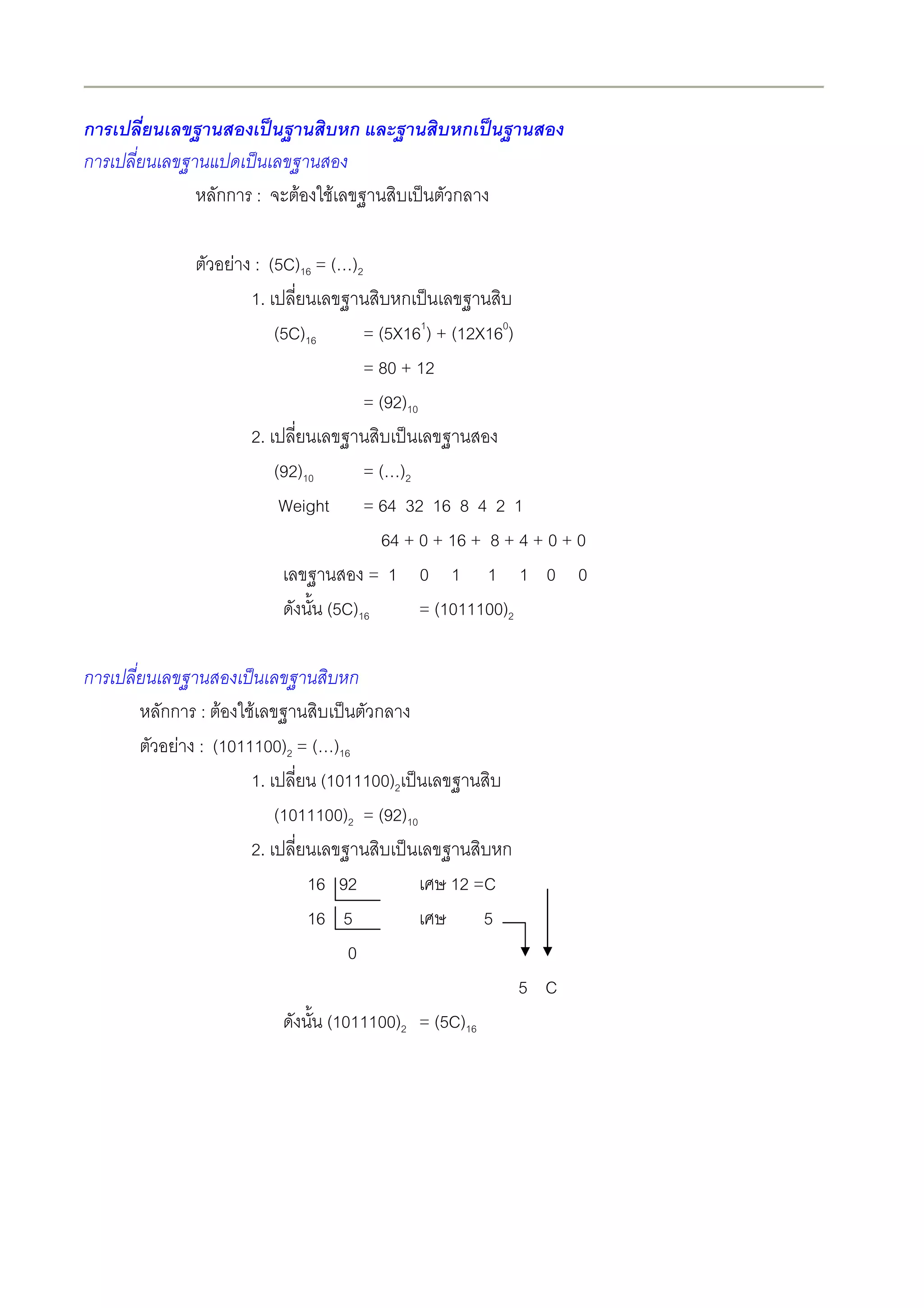 ก                             ก            ก
ก
           กก :      F    F               ก

             F : (5C)16 = ( )2
               1.                   ก
                  (5C)16       = (5X161) + (12X160)
                               = 80 + 12
                               = (92)10
               2.
                  (92)10       = ( )2
                   Weight = 64 32 16 8 4 2 1
                                  64 + 0 + 16 + 8 + 4 + 0 + 0
                               =1 0 1 1 1 0 0
                         (5C)16         = (1011100)2

ก                             ก
    กก : F F                  ก
      F : (1011100)2 = ( )16
               1.       (1011100)2
                  (1011100)2 = (92)10
               2.                                 ก
                      16 92               12 =C
                      16 5                    5
                            0
                                                      5 C
                         (1011100)2 = (5C)16
 