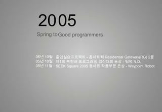 0520Spring to Good programmers05년 10월05년 10월05년 11월졸업실습프로젝트 - 홈네트웍Residential Gateway(RG) 2등제1회 복현배 프로그래밍 경진대회 동상 - 팀명N.D.SEEK Square 2005 동아리 작품부문 은상 - Waypoint Robot
