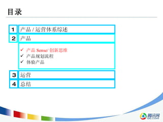 目录 2 产品  3 运营  1 产品 / 运营体系综述  产品 Sense/ 创新思维 产品规划流程 体验产品 4 总结  