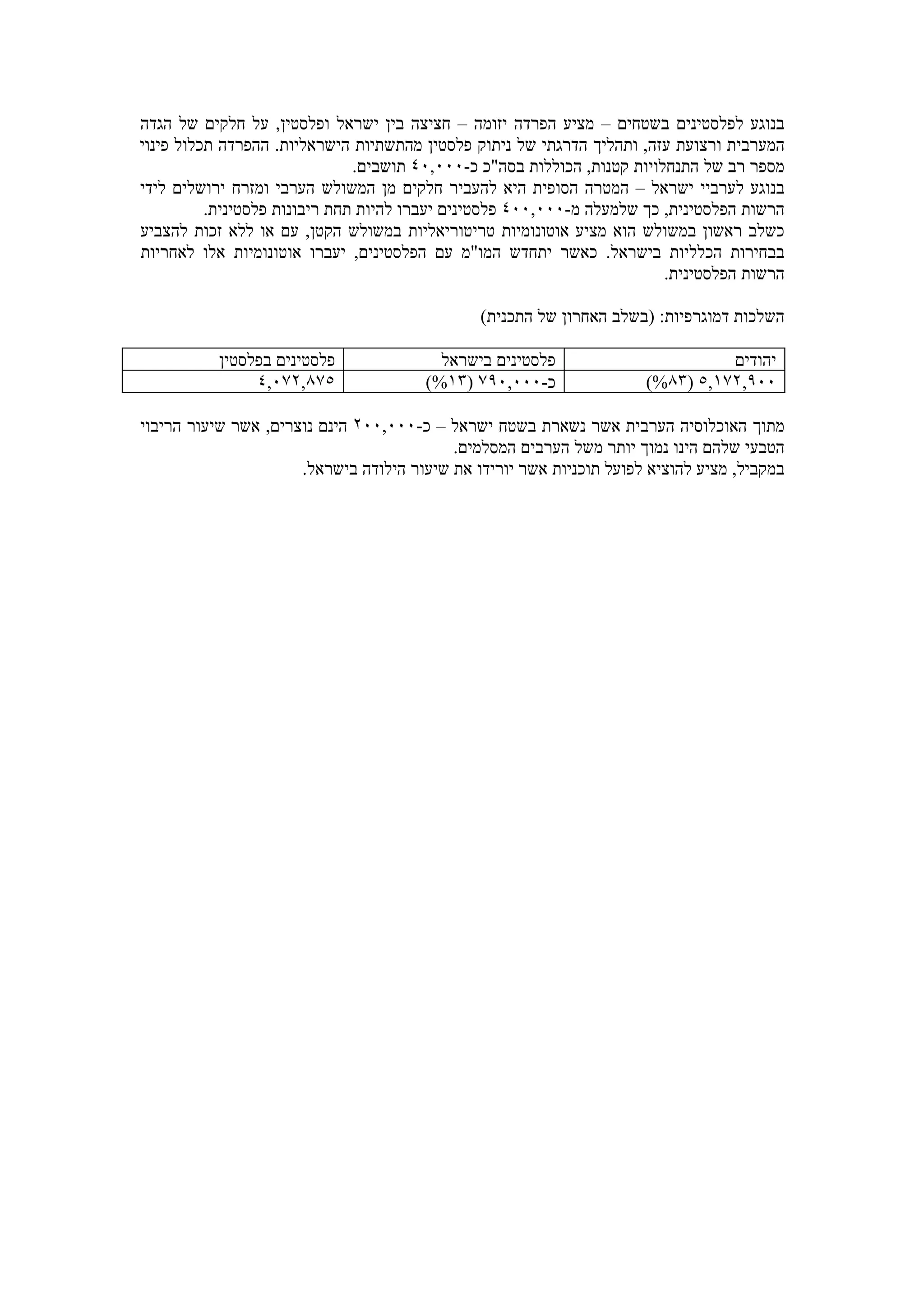 ‫בנוגע לפלסטינים בשטחים – מציע הפרדה יזומה – חציצה בין ישראל ופלסטין, על חלקים של הגדה‬
‫המערבית ורצועת עזה, ותהליך הדרגתי של ניתוק פלסטין מהתשתיות הישראליות. ההפרדה תכלול פינוי‬
                               ‫מספר רב של התנחלויות קטנות, הכוללות בסה"כ כ-٠٠٠,٠٤ תושבים.‬
‫בנוגע לערביי ישראל – המטרה הסופית היא להעביר חלקים מן המשולש הערבי ומזרח ירושלים לידי‬
          ‫הרשות הפלסטינית, כך שלמעלה מ-٠٠٠,٠٠٤ פלסטינים יעברו להיות תחת ריבונות פלסטינית.‬
‫כשלב ראשון במשולש הוא מציע אוטונומיות טריטוריאליות במשולש הקטן, עם או ללא זכות להצביע‬
‫בבחירות הכלליות בישראל. כאשר יתחדש המו"מ עם הפלסטינים, יעברו אוטונומיות אלו לאחריות‬
                                                                          ‫הרשות הפלסטינית.‬

                                               ‫השלכות דמוגרפיות: )בשלב האחרון של התכנית(‬

           ‫פלסטינים בפלסטין‬              ‫פלסטינים בישראל‬                        ‫יהודים‬
                ‫٥٧٨,٢٧٠,٤‬              ‫כ-٠٠٠,٠٩٧ )٣١%(‬                ‫٠٠٩,٢٧١,٥ )٣٨%(‬

‫מתוך האוכלוסיה הערבית אשר נשארת בשטח ישראל – כ-٠٠٠,٠٠٢ הינם נוצרים, אשר שיעור הריבוי‬
                                           ‫הטבעי שלהם הינו נמוך יותר משל הערבים המסלמים.‬
                      ‫במקביל, מציע להוציא לפועל תוכניות אשר יורידו את שיעור הילודה בישראל.‬
 