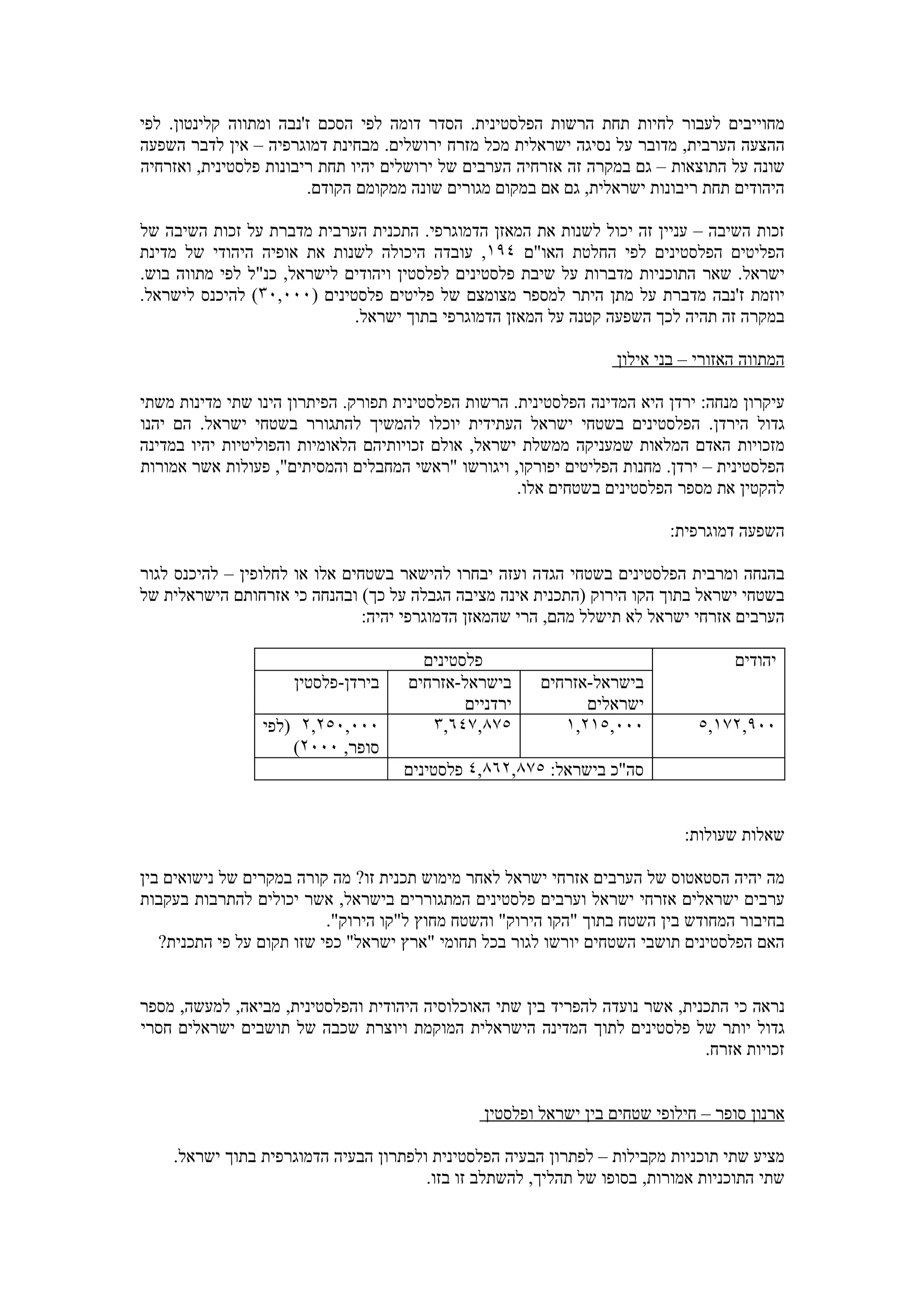 ‫מחוייבים לעבור לחיות תחת הרשות הפלסטינית. הסדר דומה לפי הסכם ז'נבה ומתווה קלינטון. לפי‬
‫ההצעה הערבית, מדובר על נסיגה ישראלית מכל מזרח ירושלים. מבחינת דמוגרפיה – אין לדבר השפעה‬
‫שונה על התוצאות – גם במקרה זה אזרחיה הערבים של ירושלים יהיו תחת ריבונות פלסטינית, ואזרחיה‬
                        ‫היהודים תחת ריבונות ישראלית, גם אם במקום מגורים שונה ממקומם הקודם.‬

‫זכות השיבה – עניין זה יכול לשנות את המאזן הדמוגרפי. התכנית הערבית מדברת על זכות השיבה של‬
‫הפליטים הפלסטינים לפי החלטת האו"ם ٤٩١, עובדה היכולה לשנות את אופיה היהודי של מדינת‬
‫ישראל. שאר התוכניות מדברות על שיבת פלסטינים לפלסטין ויהודים לישראל, כנ"ל לפי מתווה בוש.‬
‫יוזמת ז'נבה מדברת על מתן היתר למספר מצומצם של פליטים פלסטינים )٠٠٠,٠٣( להיכנס לישראל.‬
                             ‫במקרה זה תהיה לכך השפעה קטנה על המאזן הדמוגרפי בתוך ישראל.‬

                                                                   ‫המתווה האזורי – בני אילון‬

‫עיקרון מנחה: ירדן היא המדינה הפלסטינית. הרשות הפלסטינית תפורק. הפיתרון הינו שתי מדינות משתי‬
‫גדול הירדן. הפלסטינים בשטחי ישראל העתידית יוכלו להמשיך להתגורר בשטחי ישראל. הם יהנו‬
‫מזכויות האדם המלאות שמעניקה ממשלת ישראל, אולם זכויותיהם הלאומיות והפוליטיות יהיו במדינה‬
‫הפלסטינית – ירדן. מחנות הפליטים יפורקו, ויגורשו "ראשי המחבלים והמסיתים", פעולות אשר אמורות‬
                                                     ‫להקטין את מספר הפלסטינים בשטחים אלו.‬

                                                                          ‫השפעה דמוגרפית:‬

‫בהנחה ומרבית הפלסטינים בשטחי הגדה ועזה יבחרו להישאר בשטחים אלו או לחלופין – להיכנס לגור‬
‫בשטחי ישראל בתוך הקו הירוק )התכנית אינה מציבה הגבלה על כך( ובהנחה כי אזרחותם הישראלית של‬
                                ‫הערבים אזרחי ישראל לא תישלל מהם, הרי שהמאזן הדמוגרפי יהיה:‬

                                       ‫פלסטינים‬                                     ‫יהודים‬
                     ‫בירדן-פלסטין‬    ‫בישראל-אזרחים‬      ‫בישראל-אזרחים‬
                                             ‫ירדניים‬          ‫ישראלים‬
                 ‫٠٠٠,٠٥٢,٢ )לפי‬         ‫٥٧٨,٧٤٦,٣‬          ‫٠٠٠,٥١٢,١‬           ‫٠٠٩,٢٧١,٥‬
                     ‫סופר, ٠٠٠٢(‬
                                     ‫סה"כ בישראל: ٥٧٨,٢٦٨,٤ פלסטינים‬


                                                                             ‫שאלות שעולות:‬

‫מה יהיה הסטאטוס של הערבים אזרחי ישראל לאחר מימוש תכנית זו? מה קורה במקרים של נישואים בין‬
‫ערבים ישראלים אזרחי ישראל וערבים פלסטינים המתגוררים בישראל, אשר יכולים להתרבות בעקבות‬
                           ‫בחיבור המחודש בין השטח בתוך "הקו הירוק" והשטח מחוץ ל"קו הירוק".‬
   ‫האם הפלסטינים תושבי השטחים יורשו לגור בכל תחומי "ארץ ישראל" כפי שזו תקום על פי התכנית?‬


‫נראה כי התכנית, אשר נועדה להפריד בין שתי האוכלוסיה היהודית והפלסטינית, מביאה, למעשה, מספר‬
‫גדול יותר של פלסטינים לתוך המדינה הישראלית המוקמת ויוצרת שכבה של תושבים ישראלים חסרי‬
                                                                              ‫זכויות אזרח.‬


                                                ‫ארנון סופר – חילופי שטחים בין ישראל ופלסטין‬

    ‫מציע שתי תוכניות מקבילות – לפתרון הבעיה הפלסטינית ולפתרון הבעיה הדמוגרפית בתוך ישראל.‬
                                       ‫שתי התוכניות אמורות, בסופו של תהליך, להשתלב זו בזו.‬
 