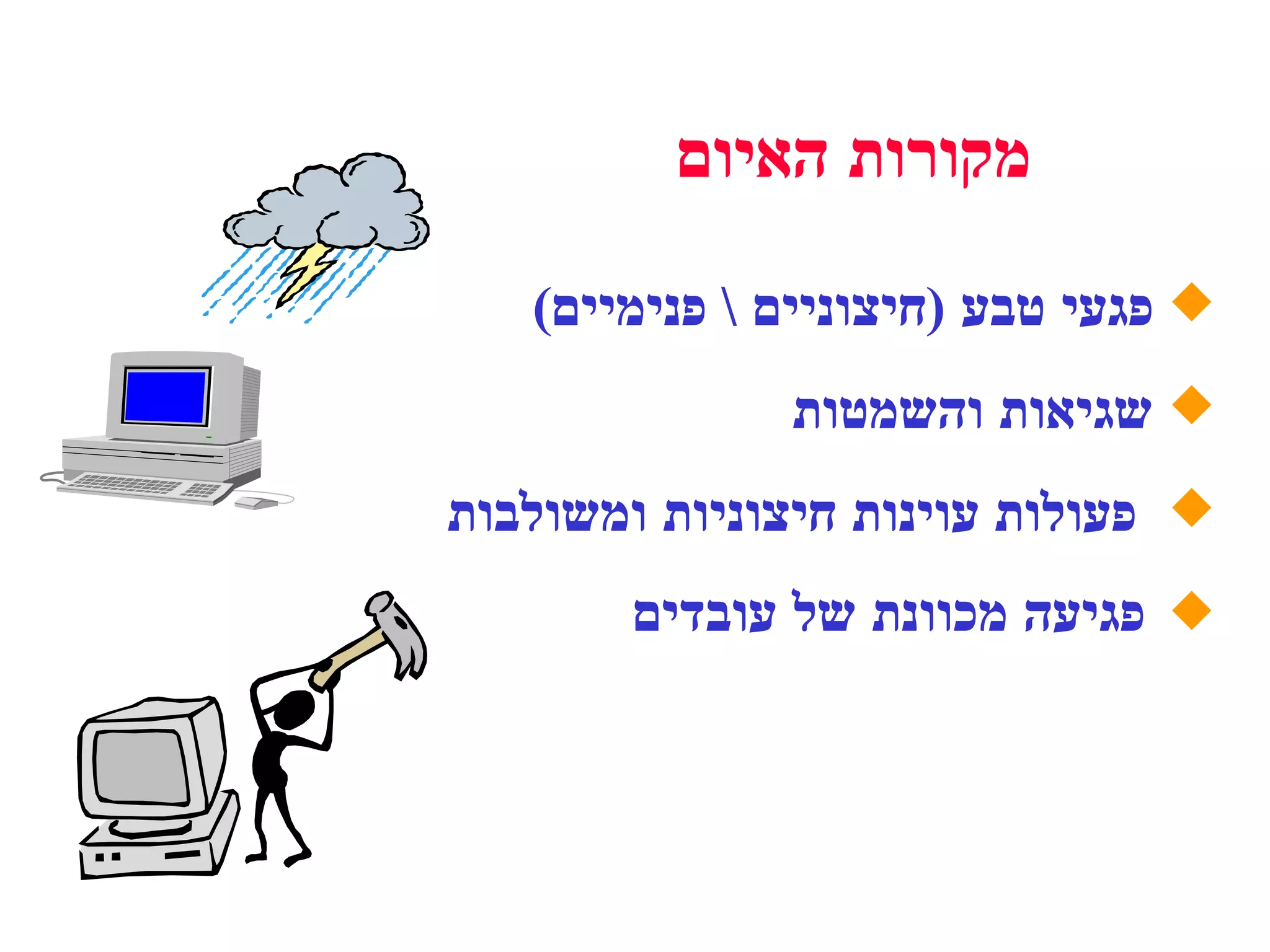 מקורות האיום פגעי טבע  ( חיצוניים  \  פנימיים ) שגיאות והשמטות פעולות עוינות חיצוניות ומשולבות פגיעה מכוונת של עובדים 