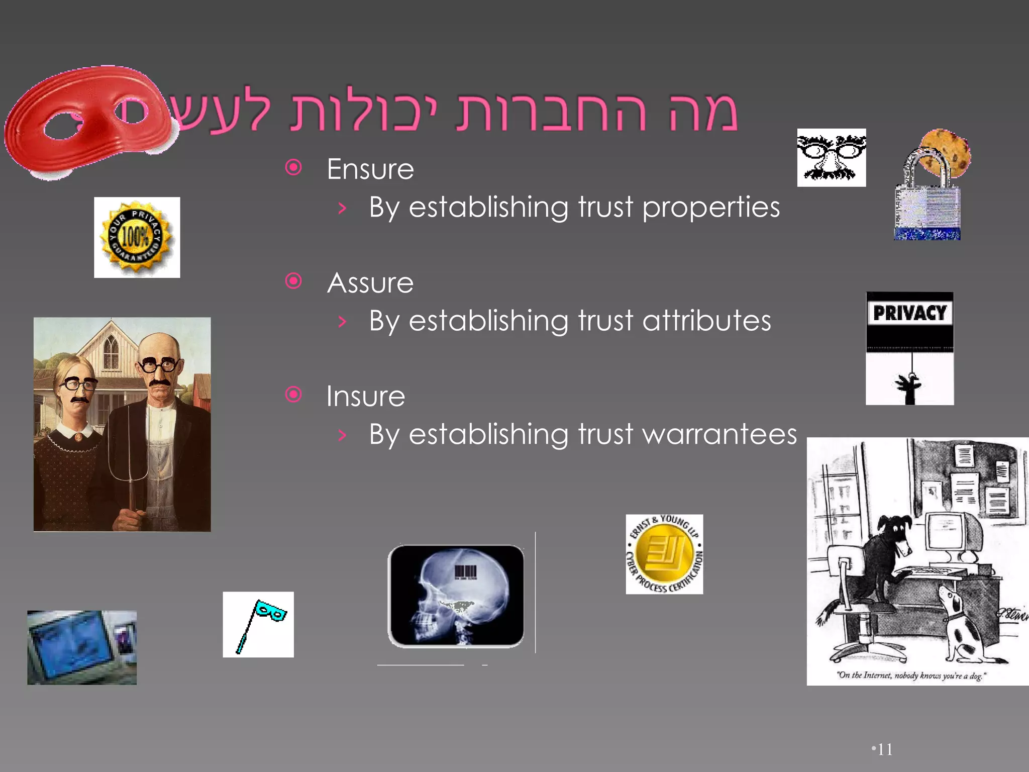 Ensure By establishing trust properties Assure By establishing trust attributes Insure By establishing trust warrantees 