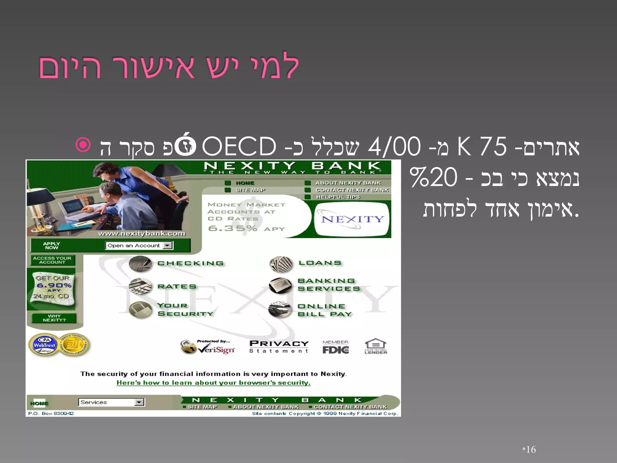 ע”פ סקר ה - OECD  מ - 4/00  שכלל כ - K 75  אתרים נמצא כי   בכ  - %20  מאתרי הקניות באינטרנט נמצא חותם אימון אחד לפחות . 