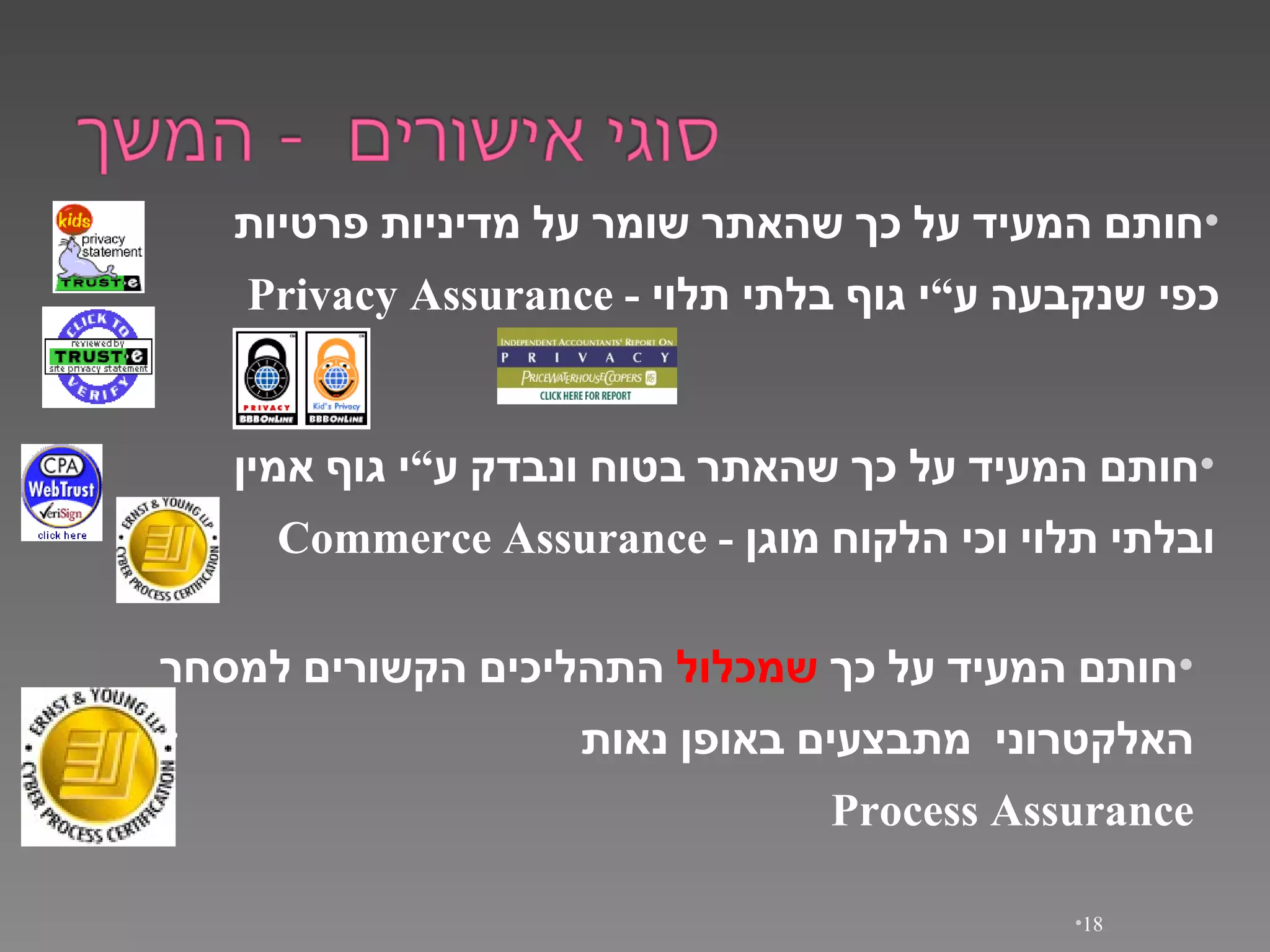 חותם   המעיד   על   כך   שהאתר   שומר   על   מדיניות   פרטיות   כפי   שנקבעה   ע ” י   גוף   בלתי   תלוי   - Privacy Assurance חותם   המעיד   על   כך   שהאתר   בטוח   ונבדק   ע ” י   גוף   אמין   ובלתי   תלוי   וכי   הלקוח   מוגן   - Commerce Assurance חותם   המעיד   על   כך   שמכלול   התהליכים   הקשורים   למסחר   האלקטרוני   מתבצעים   באופן   נאות   Cyber Process Assurance 