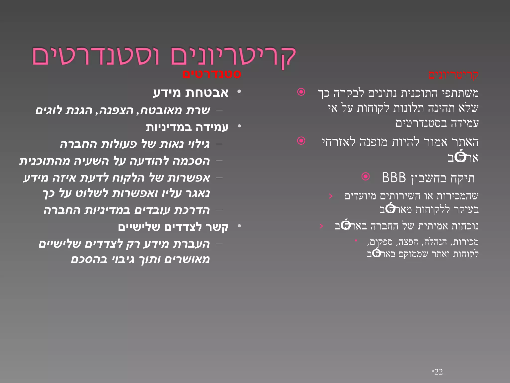 קריטריונים משתתפי התוכנית נתונים לבקרה כך שלא תהינה תלונות לקוחות על אי עמידה בסטנדרטים האתר אמור להיות מופנה לאזרחי ארה”ב BBB  תיקח בחשבון   שהמכירות או השירותים מיועדים בעיקר ללקוחות מארה”ב נוכחות אמיתית של החברה בארה”ב מכירות ,  הנהלה ,  הפצה ,  ספקים ,  לקוחות ואתר שממוקם בארה”ב סטנדרטים אבטחת מידע שרת מאובטח ,  הצפנה ,  הגנת לוגים עמידה במדיניות גילוי נאות של פעולות החברה הסכמה להודעה על השעיה מהתוכנית אפשרות של הלקוח לדעת איזה מידע נאגר עליו ואפשרות לשלוט על כך הדרכת עובדים במדיניות החברה קשר לצדדים שלישיים העברת מידע רק לצדדים שלישיים מאושרים ותוך גיבוי בהסכם 