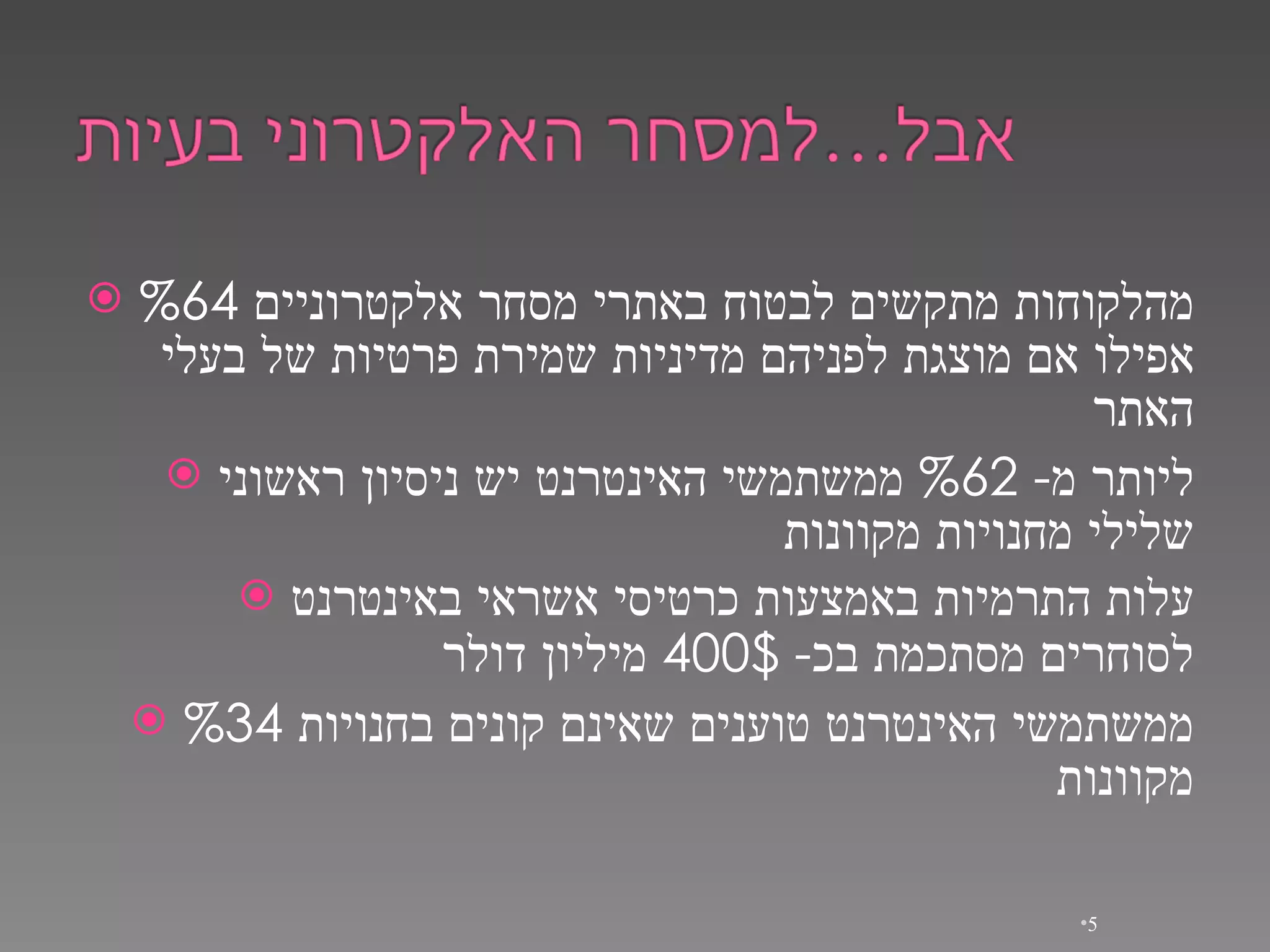 %64  מהלקוחות מתקשים לבטוח באתרי מסחר אלקטרוניים אפילו אם מוצגת לפניהם מדיניות שמירת פרטיות של בעלי האתר ליותר מ - %62  ממשתמשי האינטרנט יש ניסיון ראשוני שלילי מחנויות מקוונות עלות התרמיות באמצעות כרטיסי אשראי באינטרנט לסוחרים מסתכמת בכ - 400$  מיליון דולר %34  ממשתמשי האינטרנט טוענים שאינם קונים בחנויות מקוונות 