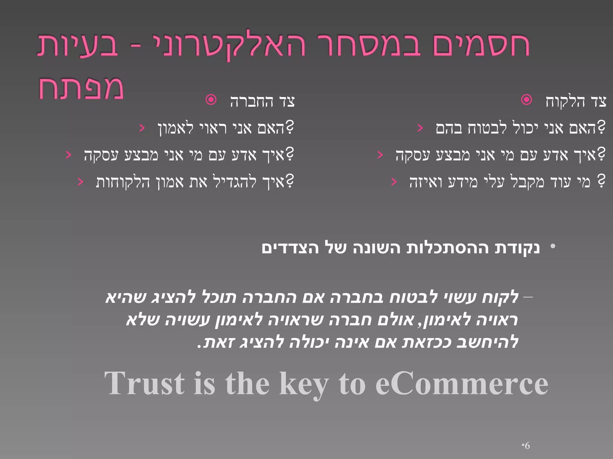 צד הלקוח האם אני יכול לבטוח בהם ? איך אדע עם מי אני מבצע עסקה ? מי עוד מקבל עלי מידע ואיזה ?  צד החברה האם אני ראוי לאמון ? איך אדע עם מי אני מבצע עסקה ? איך להגדיל את אמון הלקוחות ? נקודת ההסתכלות השונה של הצדדים לקוח עשוי לבטוח בחברה אם החברה תוכל להציג שהיא ראויה לאימון ,  אולם חברה שראויה לאימון עשויה שלא להיחשב ככזאת אם אינה יכולה להציג זאת . Trust is the key to eCommerce 