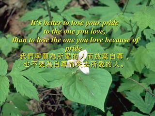 It‘s better to lose your pride  to the one you love,  than to lose the one you love because of pride.   我們寧願為所愛的人而放棄自尊， 也不要為自尊而失去所愛的人。 