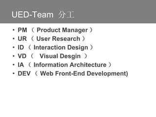 PM  Product Manager  UR  User Research  ID  Interaction Design  VD   Visual Desgin   IA  Information Architecture  DEV  Web Front-End Development)   UED-Team  ֹ 