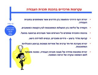‫עקרונות מרכזיי בהכנת תכנית העבודה‬

                 ‫יצירת רצ היררכי והתאמה בי הדרגי אשר משתתפי בתכנית‬          ‫•‬
‫בני שדה‬
                                                          ‫העבודה.‬

‫פתוח ארגוני‬   ‫הקפדה על הלימה בי הפעולות המתוכננות לבי הקצאת המשאבי .‬        ‫•‬
 ‫אימו אנשי‬
   ‫אתיקה‬
   ‫גישור‬      ‫בהכנת התכנית שותפי כל הגורמי אשר מעורבי בביצועה בפועל.‬        ‫•‬
  ‫‪EFQM‬‬


                    ‫קביעת מדדי ביצוע – פיזיי ותוכניי , כבסיס למדידת הישג.‬   ‫•‬

               ‫יצירת מערכת חד-חד ערכית של אחריות וסמכות בביצוע הפעילויות‬    ‫•‬
                                                              ‫המתוכננות.‬

                   ‫יצירת מתכונת אחידה של מבנה תכנית העבודה, כמכנה משות‬      ‫•‬
                                     ‫לש השוואה ובקרה של הרמה הממונה.‬
 