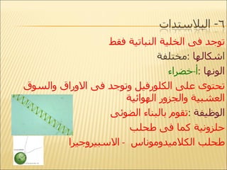 توجد فى الخلية النباتية فقط ا شكالها  : مختلفة  الونها  : أ - خضراء  تحتوى على الكلورفيل وتوجد فى الاوراق والسوق العشبية والجزور الهوائية  الوظيفة   : تقوم بالبناء الضوئى حلزونية كما فى طحلب طحلب الكلاميدوموناس  -  الاسبيروجيرا  