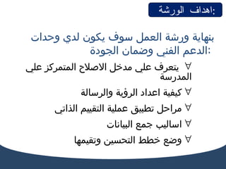 اهداف الورشة  :  بنهاية ورشة العمل سوف يكون لدي وحدات الدعم الفني وضمان الجودة  :  يتعرف علي مدخل الاصلاح المتمركز علي المدرسة  كيفية اعداد الرؤية والرسالة  مراحل تطبيق عملية التقييم الذاتي  اساليب جمع البيانات  وضع خطط التحسين وتقيمها  