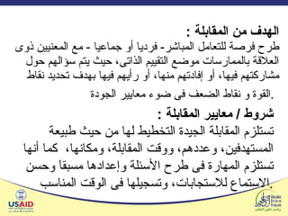 الهدف من المقابلة  :  طرح فرصة للتعامل المباشر -  فرديا أو جماعيا  -  مع المعنيين   ذوى العلاقة بالممارسات موضع التقييم الذاتى، حيث يتم سؤالهم حول مشاركتهم فيها، أو إفادتهم منها، أو رأيهم فيها بهدف تحديد نقاط القوة و نقاط الضعف فى ضوء معايير الجودة .   شروط  /  معايير المقابلة  :   تستلزم المقابلة الجيدة التخطيط لها من حيث طبيعة المستهدفين، وعددهم، ووقت المقابلة، ومكانها،  كما أنها تستلزم المهارة فى طرح الأسئلة وإعدادها مسبقاَ وحسن الاستماع للاستجابات، وتسجيلها فى الوقت المناسب . 