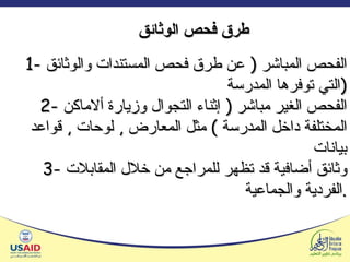 طرق فحص الوثائق 1-  الفحص المباشر  (  عن طرق فحص المستندات والوثائق التي توفرها المدرسة  ) 2 -  الفحص الغير مباشر  (  إثناء التجوال وزيارة ألاماكن المختلفة داخل المدرسة  )  مثل المعارض  ,  لوحات  ,  قواعد بيانات 3 -  وثائق أضافية قد تظهر للمراجع من خلال المقابلات الفردية والجماعية  . 