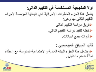 اولا  المنهجية المستخدمة في التقييم الذاتي : يشمل هذا الجزء الخطوات الإجرائية التي اتبعتها المؤسسة لإجراء التقييم الذاتي لها وهى : فريق دراسة التقييم الذاتي خطة تنفيذ دراسة التقييم الذاتي . أدوات جمع البيانات . ثانيا  السياق المؤسسي   : ويشمل هذا الجزء البيئة المادية والاجتماعية للمدرسة مع إعطاء امثلة تدعم ما تقول  .  