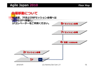 Agile Japan 2010                                          Floor Map


会場移動について


                                             8F セッション会場
                                              F セッション会場



                                             7F セッション会場
                                              F セッション会場




                                             4F 食堂（9日昼食会場）
                                              F 食堂（9日昼食会場）




          2F セッション会場
           F セッション会場


              1F
               F   EV



   2010/4/9             (C) Homma Dot Com L.P.                 18
 