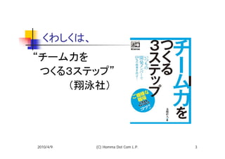 くわしくは、
“チーム力を
　つくる３ステップ”
　　　　　（翔泳社）




2010/4/9   (C) Homma Dot Com L.P.   3
 