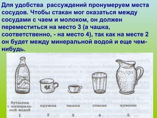 Для удобства  рассуждений пронумеруем места сосудов. Чтобы стакан мог оказаться между сосудами с чаем и молоком, он должен переместиться на место 3 (а чашка, соответственно, - на место 4), так как на месте 2 он будет между минеральной водой и еще чем-нибудь. 