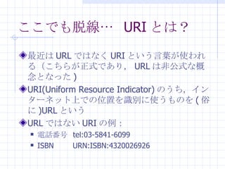 ǤѾ  URI Ȥϣ  URL ǤϤʤ URI Ȥ~ʹ루餬ʽǤ꣬ URL ϷǹʽʸȤʤä ) URI(Uniform Resource Indicator) Τ󥿩`ͥåϤǤλäReʹΤ ( פ )URL Ȥ URL ǤϤʤ URI  Ԓ  tel:03-5841-6099 ISBN  URN:ISBN: 4320026926 