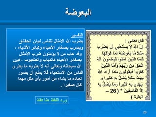 البعوضة التفسير يضرب الله الأمثال للناس لبيان الحقائق  ويضرب بصغائر الأحياء وكبائر الأشياء ، وقد عاب من لا يؤمنون ضرب الأمثال بصغائر الأحياء كالذباب والعنكبوت ، فبين الله سبحانه وتعالى أنه لا يعتريه ما يعترى  الناس من الإستحياء فلا يمنع أن يصور لعباده ما يشاء من أمور بأى مثل مهما كان صغيرا  . ورد اللفظ هنا فقط قال تعالى  : إِنَّ اللَّهَ لاَ يَسْتَحْيِي أَن يَضْرِبَ   مَثَلاً مَّا بَعُوضَةً فَمَا فَوْقَهَا   فَأَمَّا الَّذِينَ آمَنُواْ فَيَعْلَمُونَ أَنَّهُ الْحَقُّ مِن رَّبِّهِمْ وَأَمَّا الَّذِينَ كَفَرُواْ فَيَقُولُونَ مَاذَا أَرَادَ اللَّهُ بِهَـذَا مَثَلاً يُضِلُّ بِهِ   كَثِير ا و  َيَهْدِي بِهِ كَثِيراً وَمَا يُضِلُّ بِهِ إِلاَّ الْفَاسِقِينَ   * ( 26 –  البقرة  )   