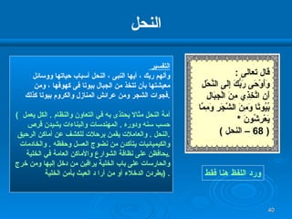 النحل التفسير  وألهم ربك ، أيها النبى ، النحل أسباب حياتها ووسائل معيشتها بأن تتخذ من الجبال بيوتا فى كهوفها ، ومن فجوات الشجر ومن عرائش المنازل والكروم بيوتا كذلك  . (  أمة النحل مثالا يحتذى به في التعاون والنظام  .   الكل يعمل  حسب سنه ودوره  .  المهندسات   والبناءات يشيدن قرص  النحل  .  والعاملات   يقمن برحلات للكشف عن أماكن الرحيق  . والكيميائيات يتأكدن من نضوج العسل وحفظه  .   والخادمات يحافظن على نظافة الشوارع والأماكن   العامة في الخلية  . والحارسات على باب الخلية يراقبن   من دخل إليها ومن خرج يطردن الدخلاء أو من أرا   د العبث بأمن الخلية  ) . ورد اللفظ هنا فقط قال تعالى  : وَأَوْحَى رَبُّكَ إِلَى النَّحْلِ أَنِ   اتَّخِذِي مِنَ الْجِبَالِ بُيُوتًا وَمِنَ الشَّجَرِ وَمِمَّا يَعْرِشُونَ   * ( 68 –  النحل  )   