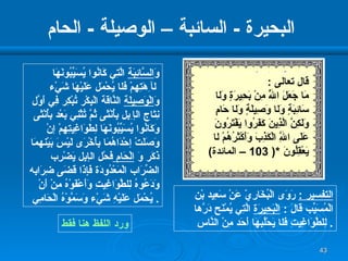 البحيرة  -  السائبة – الوصيلة  -  الحام التفسير  :   رَوَى الْبُخَارِيّ عَنْ سَعِيد بْن الْمُسَيِّب قَالَ  :  الْبَحِيرَة  الَّتِي يُمْنَح دَرّهَا لِلطَّوَاغِيتِ فَل ا  يَحْلُبهَا أَحَد مِنْ النَّاس   . ورد اللفظ هنا فقط وَ السَّائِبَة  الَّتِي كَانُوا يُسَيِّبُونَهَا ل آ ِهَتِهِمْ   فَل ا  يُحْمَل عَلَيْهَا شَيْء   وَ الْوَصِيلَة  النَّاقَة الْبِكْر تُبْكِر فِي أَوَّل  نِتَاج ال إ ِبِل بِأُنْثَى ثُمَّ تُثْنِي بَعْد بِأُنْثَى  وَكَانُوا يُسَيِّبُونَهَا لِطَوَاغِيتِهِمْ إنْ  وَصَلَتْ إحْدَاهُمَا بِأُخْرَى لَيْسَ بَيْنهمَا  ذَكَر   وَ   الْحَام  فَحْل ال إ بِل يَضْرِب  الضِّرَاب الْمَعْدُودَة فَإِذَا قَضَى ضِرَابه  وَدَعُوهُ لِلطَّوَاغِيتِ وَأَعْفَوْهُ مِنْ أَنْ  يُحْمَل عَلَيْهِ شَيْء وَسَمَّوْهُ الْحَامِي  . قال تعالى  : مَا جَعَلَ اللَّهُ مِنْ بَحِيرَةٍ وَل ا  سَائِبَةٍ وَل ا  وَصِيلَةٍ وَل ا  حَامٍ وَلَكِنَّ الَّذِينَ كَفَرُوا يَفْتَرُونَ عَلَى اللَّهِ الْكَذِبَ وَأَكْثَرُهُمْ ل ا يَعْقِلُونَ   *( 103 –  المائدة ) 