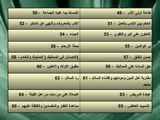 65 -  تشميت العاطس   66 -  مباعدة الكفار والمفسدين والغلظة عليهم  63 -  عيادة المريض  64 -  الصلاة على من مات من اهل القبلة  61 -  مقاربة اهل الدين ومودتهم وافشاء السلام بينهم  62 -  رد السلام  59 -  حق السادة على المماليك  60 -  حقوق الاولاد والاهلين  57 -  حسن الخلق  58 -  الاحسان الى المماليك  (  المملوك والخادم ) 55 -  بر الوالدين  56 -  صلة الارحام  53 -  التعاون على البر والتقوى  54 -  الحياء  51 -  الحكم بين الناس بالعدل  52 -  الامر بالمعروف والنهي عن المنكر  49 -  طاعة  أولى  الأمر  50 -  التمسك بما عليه الجماعة  
