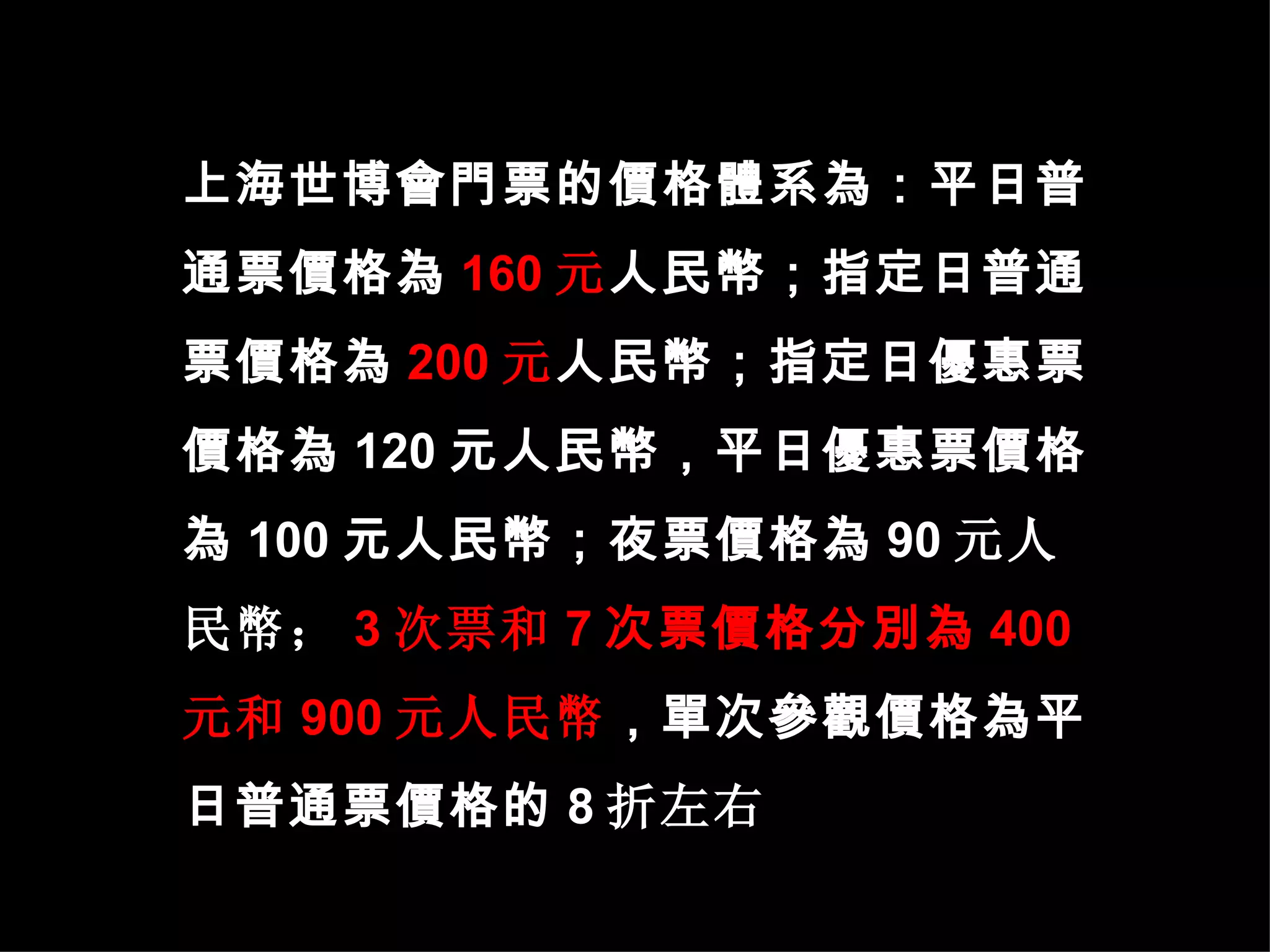 上海世博會門票的價格體系為：平日普通票價格為 160 元 人民幣；指定日普通票價格為 200 元 人民幣；指定日優惠票價格為 120 元人民幣，平日優惠票價格為 100 元人民幣；夜票價格為 90 元人民幣； 3 次票和 7 次票價格分別為 400 元和 900 元人民幣 ，單次參觀價格為平日普通票價格的 8 折左右 