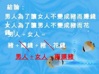 男人 + 女人 = 兩頭豬 結論： 男人為了讓女人不變成豬而賺錢！ 女人為了讓男人不變成豬而花錢！ 男人 + 女人 = 豬 + 賺錢 + 豬 + 花錢 