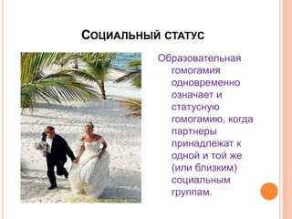 Социальный статусОбразовательная гомогамия одновременно означает и статусную гомогамию, когда партнеры принадлежат к одной и той же (или близким) социальным группам.