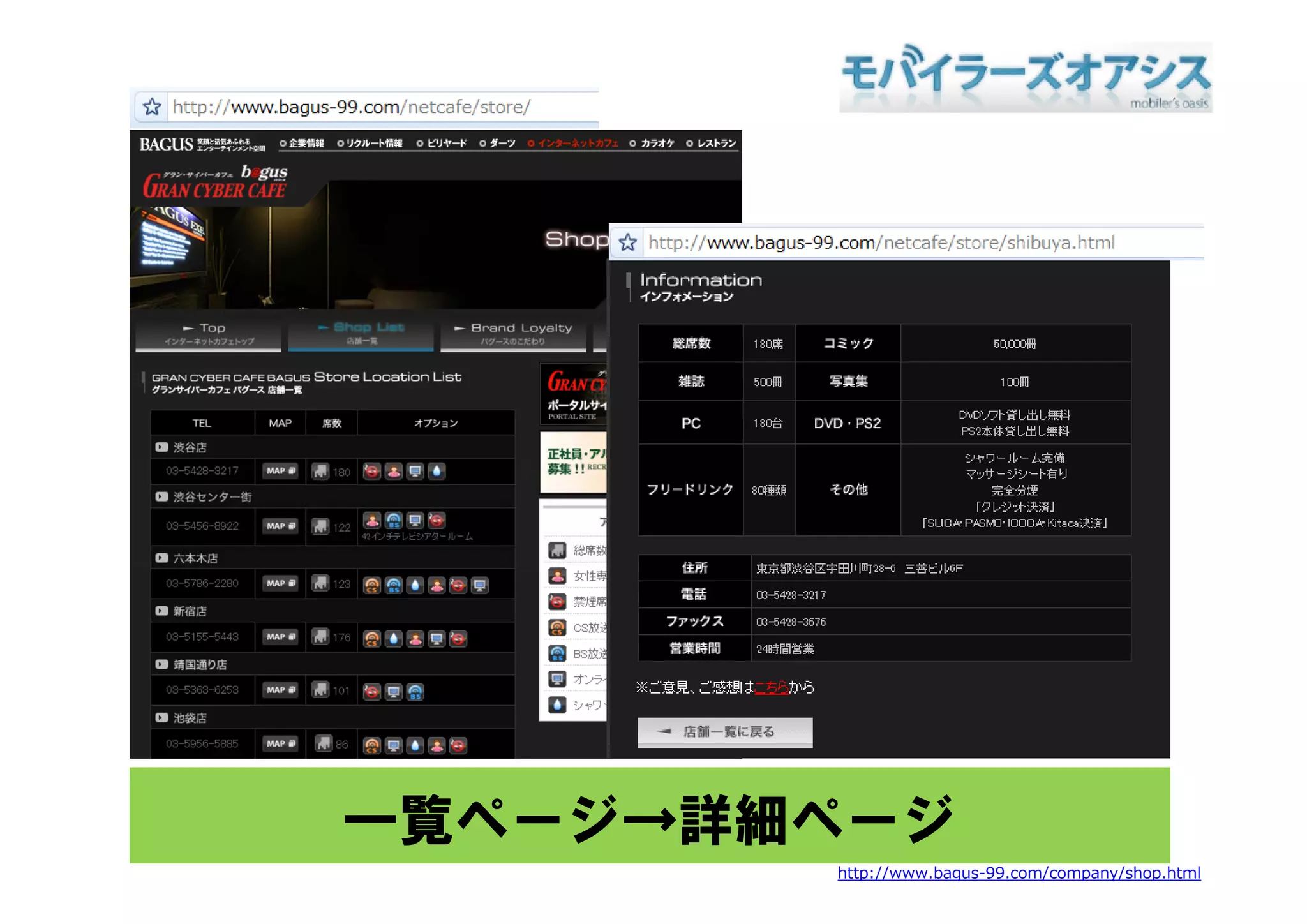一覧ページ→詳細ページ
        http://www.bagus-99.com/company/shop.html
 
