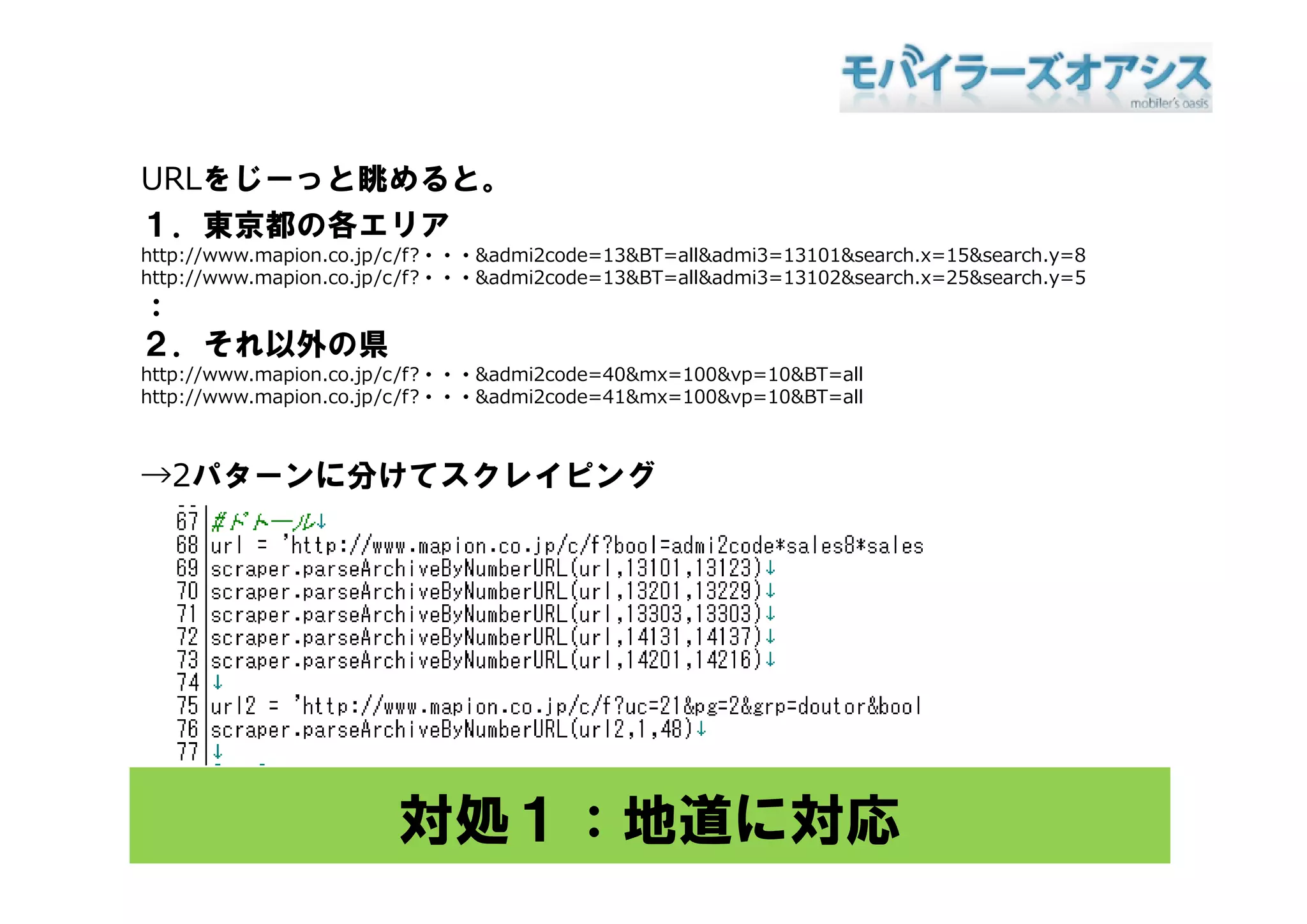 URLをじーっと眺めると。
１．東京都の各エリア
http://www.mapion.co.jp/c/f?・・・&admi2code=13&BT=all&admi3=13101&search.x=15&search.y=8
http://www mapion co jp/c/f?   &admi2code 13&BT all&admi3 13101&search x 15&search y 8
http://www.mapion.co.jp/c/f?・・・&admi2code=13&BT=all&admi3=13102&search.x=25&search.y=5
：
２．それ以外の県
  ． れ以外 県
http://www.mapion.co.jp/c/f?・・・&admi2code=40&mx=100&vp=10&BT=all
http://www.mapion.co.jp/c/f?・・・&admi2code=41&mx=100&vp=10&BT=all



→2パターンに分けてスクレイピング
      に分        グ




                       対処１：地道に対応
 