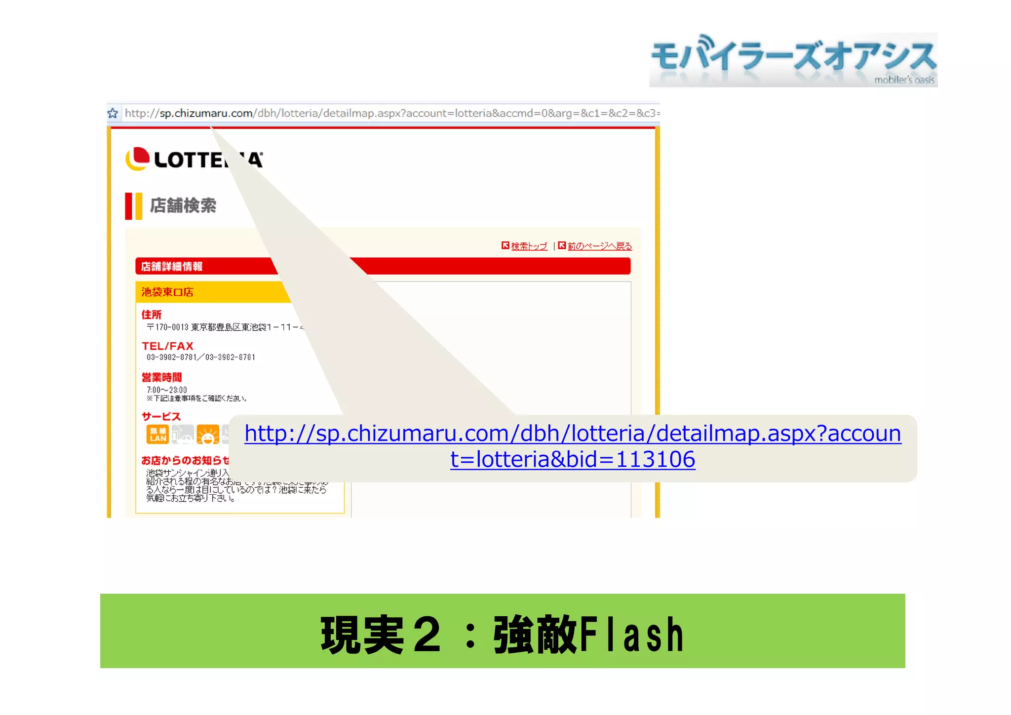 http://sp.chizumaru.com/dbh/lotteria/detailmap.aspx?accoun
                  t=lotteria&bid=113106




      現実２：強敵Flash
 