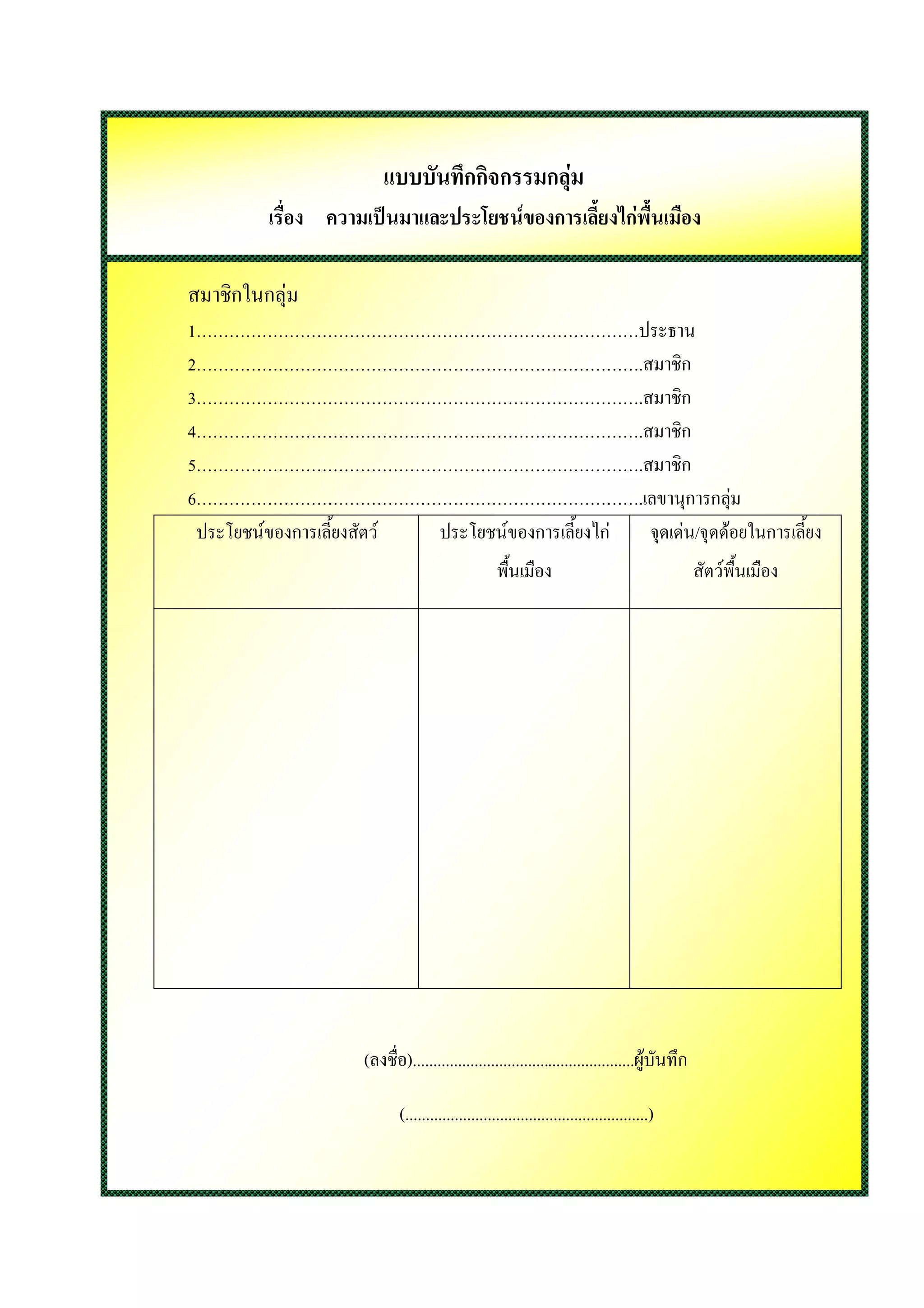 แบบบันทึกกิจกรรมกลุม
         เรื่อง ความเปนมาและประโยชนของการเลี้ยงไกพื้นเมือง

สมาชิกในกลุม
1………………………………………………………………………ประธาน
2……………………………………………………………………….สมาชิก
3……………………………………………………………………….สมาชิก
4……………………………………………………………………….สมาชิก
5……………………………………………………………………….สมาชิก
6……………………………………………………………………….เลขานุการกลุม
 ประโยชนของการเลี้ยงสัตว ประโยชนของการเลี้ยงไก จุดเดน/จุดดอยในการเลี้ยง
                                                   พื้นเมือง                                   สัตวพื้นเมือง




                     (ลงชื่อ)......................................................ผูบันทึก

                            (...........................................................)
 